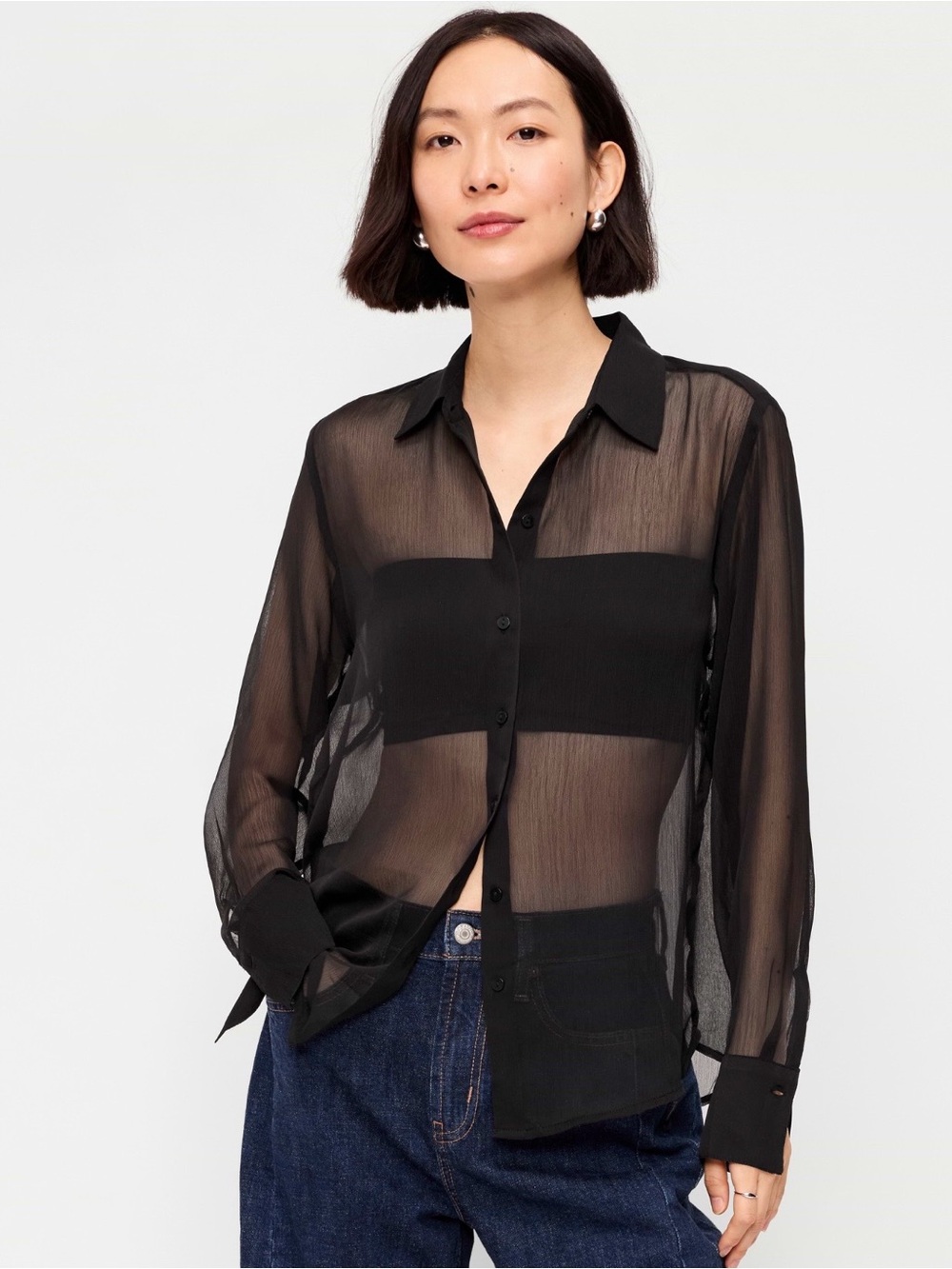 NWT Old Navy Black Sheer Chiffon Button-Down Blouse XXL Tall